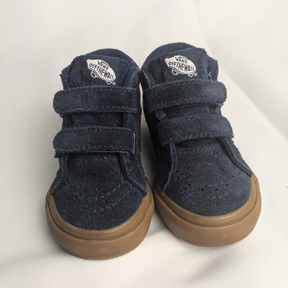 VANS Sk8 Kid Shoes Mid Size 6 Blue Suede Tan Soles 2 Velcros - Picture 5 of 10